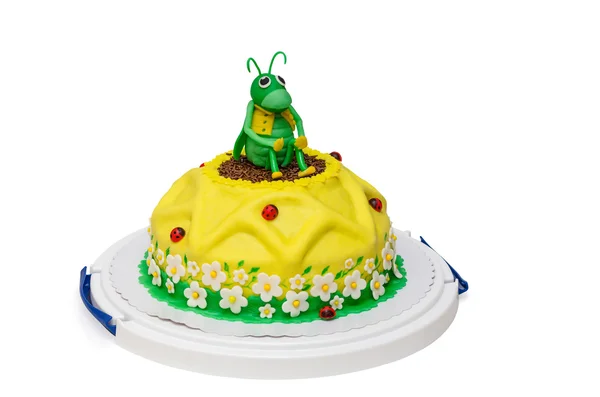 Κίτρινο γενέθλια τούρτα ηλίανθου με ακρίδα και απομονωμένη πασχαλίτσα — Φωτογραφία Αρχείου