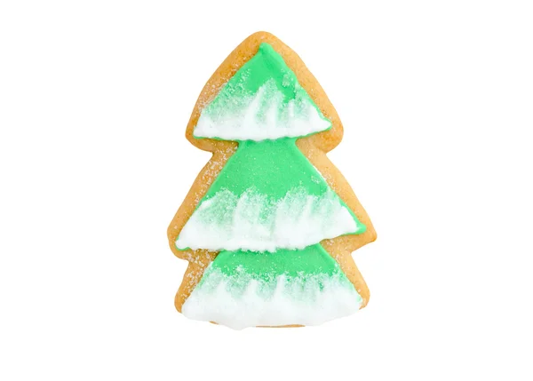 Galleta de jengibre árbol de Navidad con nieve aislada en blanco — Foto de Stock