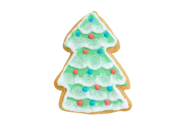 Galleta árbol de Navidad de jengibre con nieve aislada en blanco — Foto de Stock