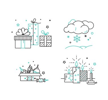 Noel çizimleri seti. Xmas vektör unsurları: hediye kutuları, kar, Noel oyuncakları, modern tarzda mum. Web, yazdırma ve UI / UX için