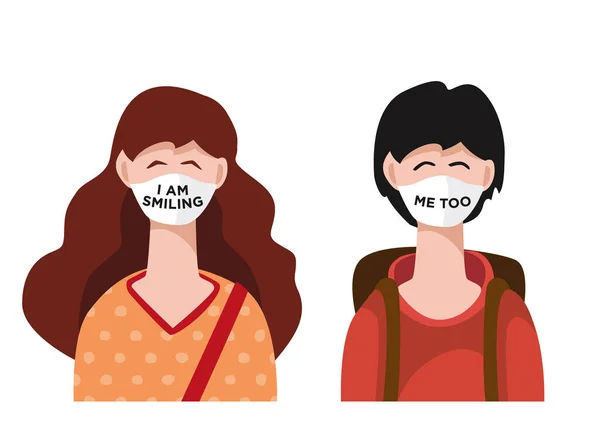 Tıbbi maske takan iki kişi gülümsüyor. Erkekler ve kadınlar virüsten korunuyor ve gülüyorlar. Komik tıbbi maske. Vektör illüstrasyonu