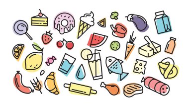 Moda tarzında renkli yemek ikonları. Web ve yazdırma için.