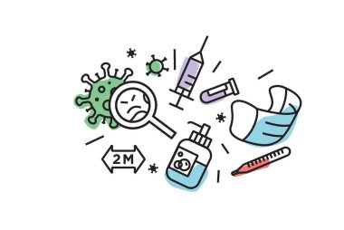 Coronavirus renk çizgisi çizimi. Covid yayılımı pictogram, web sayfası simgeleri, mobil uygulama, tanıtım. 