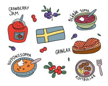 Sweden cuisine meals, scandinavian food dishes vector. Gravlax, Soup, jam kottbullar.