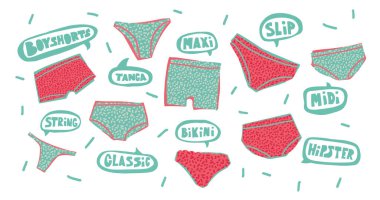 Pantolon, külot takımı. Kadın iç çamaşırı etiketli: ip, bikini, hipster, tanga, slip, midi. İç çamaşırı takımı..