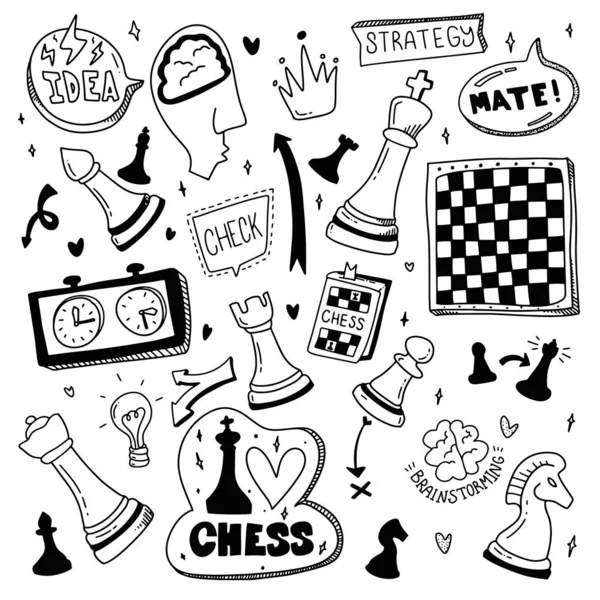 Doodle Set Chess. Desenhos animados ilustração sobre cheque e companheiro. Conceito de estratégia — Vetor de Stock