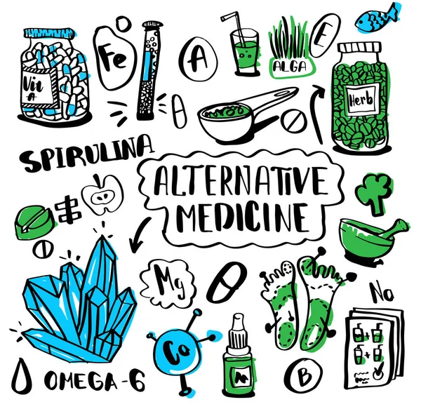 Medicina alternativa doodle set. Raccolta di schizzi nutrizione e additivi biologicamente attivi. Omeopatia e vitamine, super cibo, agopuntura e diete. Elementi di trattamento medico disegnati a mano. — Vettoriale Stock