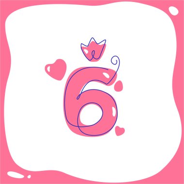 Çocukların doğum günü için altı numaralı çizgi film. Vektör hattı sanatı. bir satır.