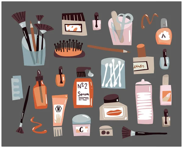 Yüz bakımı karalama seti. Günlük bakım için güzellik aksesuarları. Pamuk tomurcukları, tırnak törpüsü, krema ve tarak