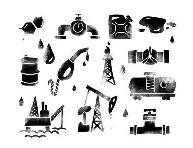 Gaz ve yağ karalama seti. Benzin hattı elementleri. El çizimi simgeler ve çizimler.