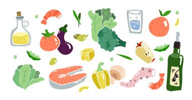 Akdeniz mutfağı seti. Adriyatik yemeği ve mutfağı. Sağlıklı Akdeniz diyeti. Uzun yaşam diyeti. Vektör koleksiyonu.