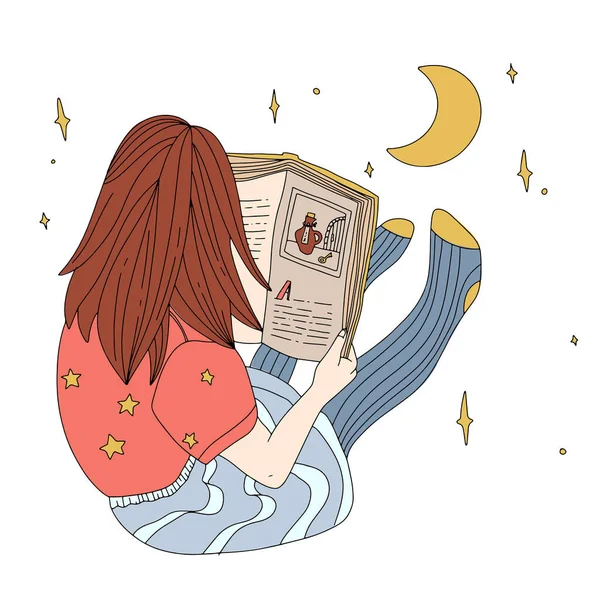 Kind liest nachts Buch. Mädchensitz auf dem Boden mit Buch. Flach, umrissen, Konzept. träumen und lesen. — Stockvektor