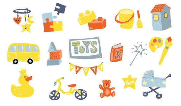 Toys Doodle-Ikonen im Flachen Stil. Baby- und Kinderspielzeug. Symbole für Babyshop. Art von Spielzeug. Flache Bauweise. — Stockvektor