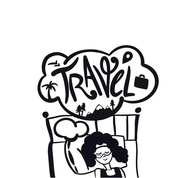 Η γυναίκα ονειρεύεται ταξίδια. Ταξίδι ονειρεύεται. Το κορίτσι χρειάζεται διακοπές. Έννοια γραμμάτων. Περιμένω τις διακοπές. Επίπεδη σχεδίαση. — Διανυσματικό Αρχείο