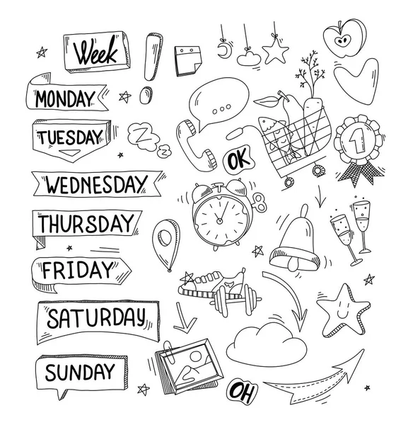 Stickers voor weekplanner, maandag, dinsdag, vrijdag, zondag. doodle en plat ontwerp. het verzamelen van dienstregelingen. Set elementen voor kalender. Lijst-elementen doen. — Stockvector