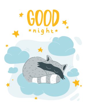 Şirin Rakun bulutun üstünde uyuyor. İskandinav tarzı çocuklar için bir poster. Üzerinde harfler olan bir bebek posteri. İyi geceler mektupları ve sevimli hayvan.