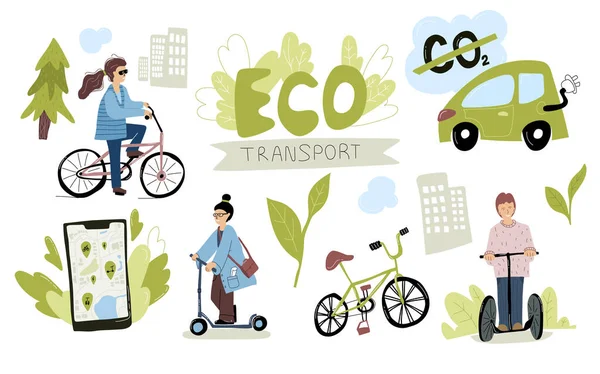 Çevresel Şehir Taşımacılık Seti. Elektrikli scooter kullanan, bisiklete binen, kiralık mobil uygulama kullanan bir kadın. Yeşil taşımacılık kullanan insanlar. Ekoloji Konsepti. 