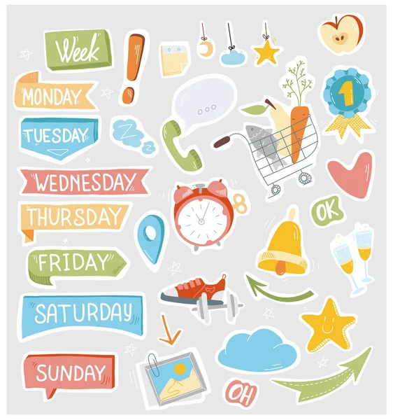 Αυτοκόλλητα για το πρόγραμμα της εβδομάδας, Δευτέρα, Τρίτη, Παρασκευή, Κυριακή. Σκίτσα και επίπεδη σχεδίαση. συλλογή χρονοδιαγράμματος. Σύνολο στοιχείων για το ημερολόγιο. Για να κάνετε λίστα στοιχείων. — Διανυσματικό Αρχείο