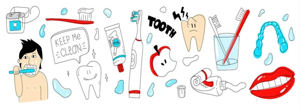 Набір каракулів для догляду за зубами. Проста ілюстрація догляду за зубами. інструменти для здорових зубів. Гниття і зубна щітка. повсякденна рутина. модний набір елементів . — стоковий вектор