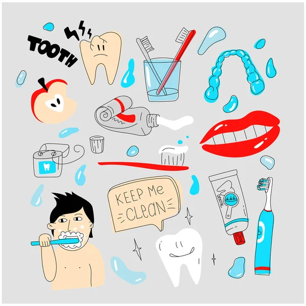 Набір каракулів для догляду за зубами. Проста ілюстрація догляду за зубами. інструменти для здорових зубів. Гниття і зубна щітка. повсякденна рутина. модний набір елементів . — стоковий вектор
