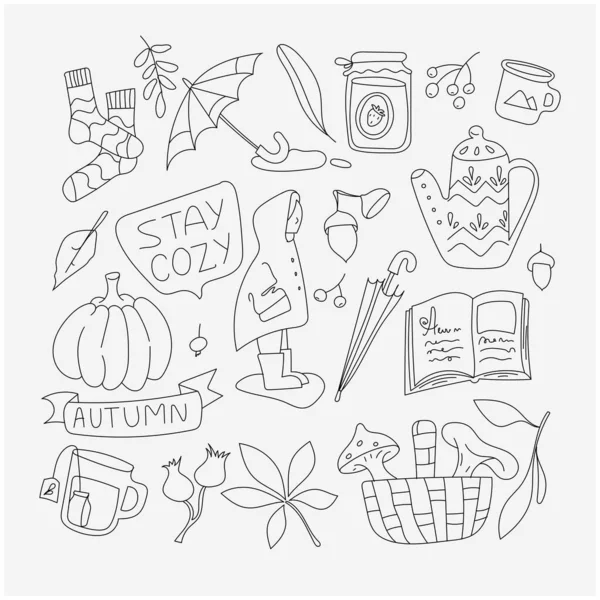 Otoño elementos doodle Set. Iconos de tiempo acogedor. Temporada de otoño. Colección Oktober. Letras, minimalistas, simples. — Archivo Imágenes Vectoriales