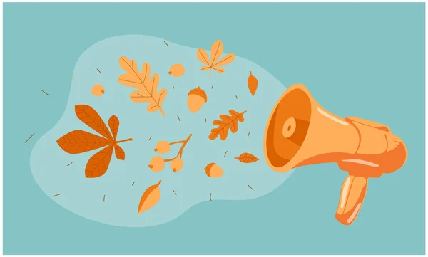 Megaphone oznamuje podzim. Mluvčí s listím a pádem. Podzimní vibrace. Myšlenka podzimní koncepce. — Stockový vektor