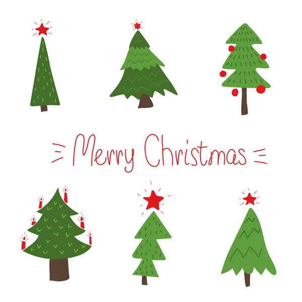 Weihnachtsbaumset vorhanden. Weihnachtsbaum im Doodle-Stil. Handgezeichnete Elemente für das neue Jahr Deko. — Stockvektor