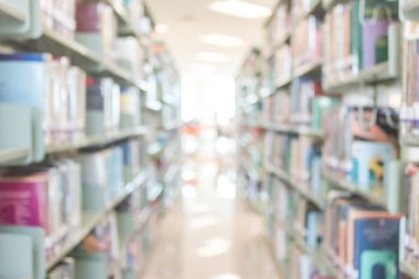 Eğitim geçmişi için kitap rafları bulunan bulanık okul kütüphanesi veya çalışma odası