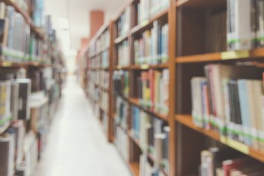 Eğitim geçmişi için kitap rafları bulunan bulanık okul kütüphanesi veya çalışma odası