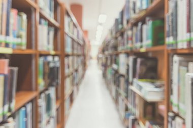 Eğitim geçmişi için kitap rafları bulunan bulanık okul kütüphanesi veya çalışma odası
