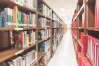 Eğitim geçmişi için kitap rafları bulunan bulanık okul kütüphanesi veya çalışma odası