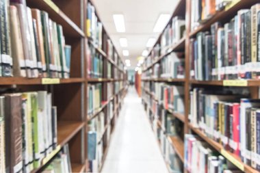 Eğitim geçmişi için kitap rafları bulunan bulanık okul kütüphanesi veya çalışma odası