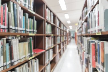 Eğitim geçmişi için kitap rafları bulunan bulanık okul kütüphanesi veya çalışma odası
