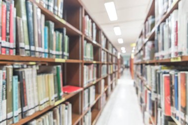 Eğitim geçmişi için kitap rafları bulunan bulanık okul kütüphanesi veya çalışma odası