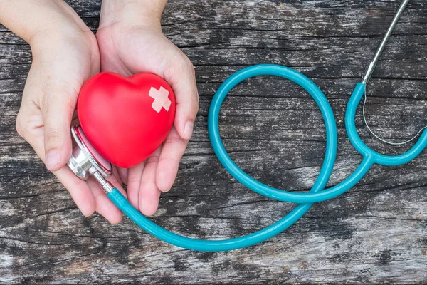 医疗保险业与世界心脏健康日概念 红心女用听诊器对妇女的支持 — 图库照片