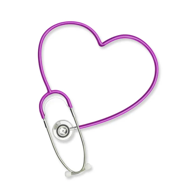 心臓の形をした隔離された医師の聴診器クリッピングパスを持つ白い背景にラベンダー紫色 — ストック写真