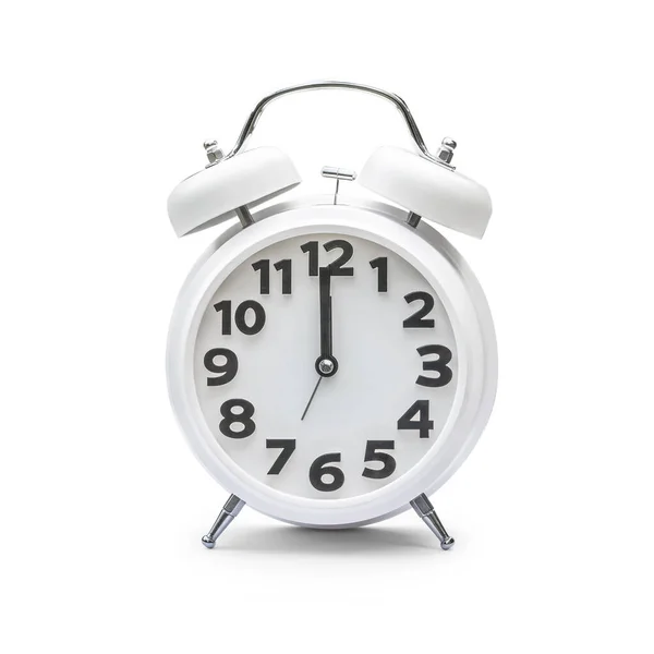 White Alarm Clock Twelve Clock Noon Isolated White Background Clipping — Zdjęcie stockowe