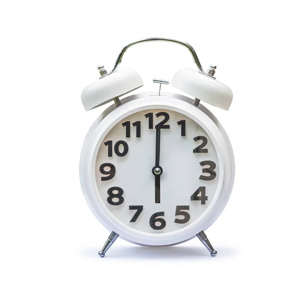 Relógio Alarme Branco Seis Horas Isolado Fundo Branco Caminho Recorte — Fotografia de Stock