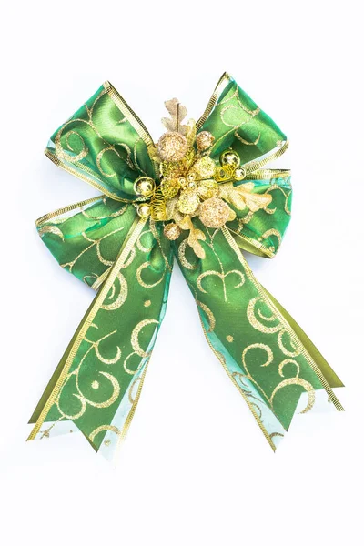 Green Gold Color Ribbon Christmas New Year Gift Decoration Isolated — Stock Photo, Image