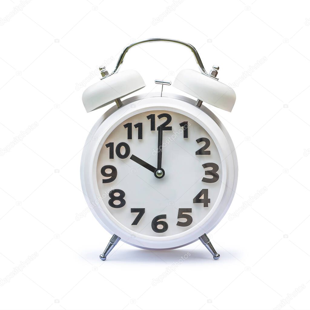 White alarm clock at 10 ten o'clock isolated on white background (clipping path): 