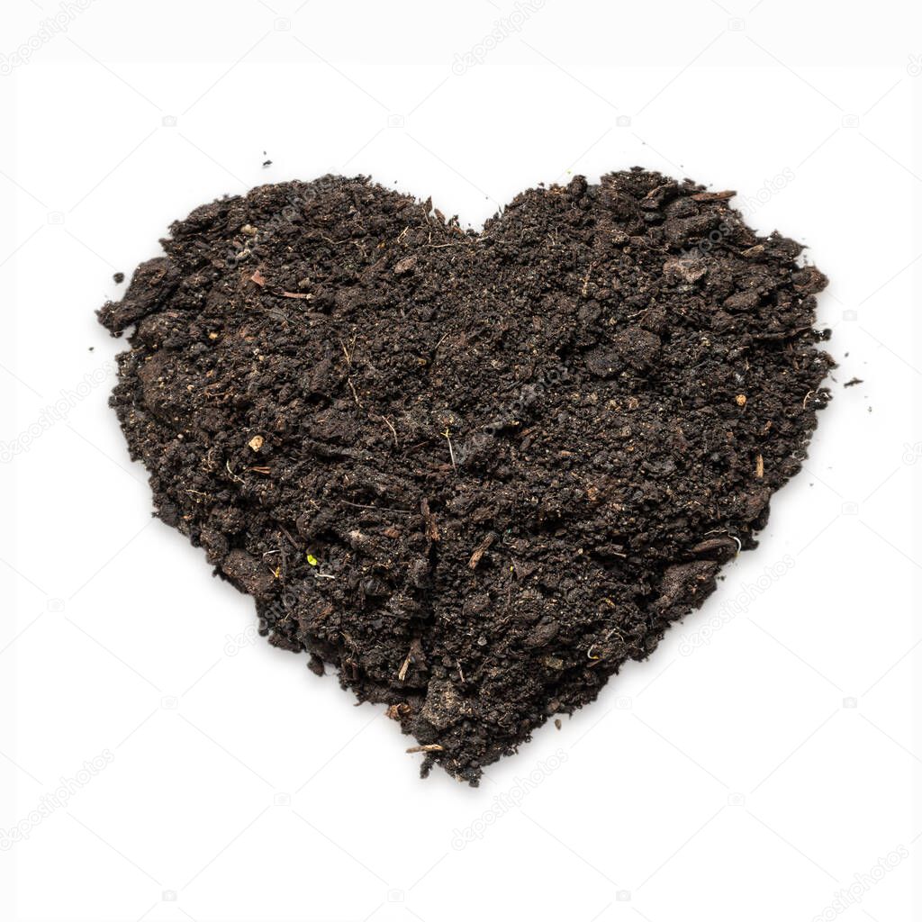 Natural black topsoil with fertile humus for planting in heart shape, Isolated soil on white background love sign