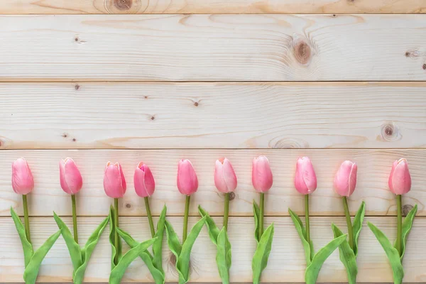 Primavera Sfondo Fiore Con Bel Tulipano Rosa Sfondo Cornice Legno — Foto Stock