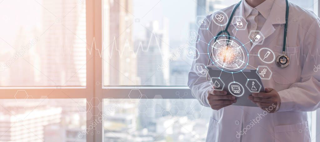 Medical tech science, innovative iot global healthcare ai technology with doctor on telehealth, telemedicine service analyzing online patient health record information data in hospital lab background