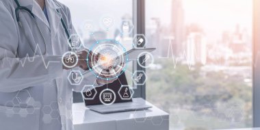 Tıbbi sağlık teknolojisi ai teknolojisi, doktorla tele sağlık konusunda yenilikçi küresel sağlık hizmetleri, teletıp hizmeti hastane laboratuarında hastaların sağlık bilgilerini analiz ediyor.