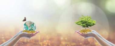 Çevreye, sosyal yönetime (ESG) ve temiz sanayide CSR kavramına yapılan sürdürülebilir küresel iş yatırımları ve gönüllü ellerin dünya yeşil ağacını tutması. Görüntünün elementi NASA tarafından sağlandı.