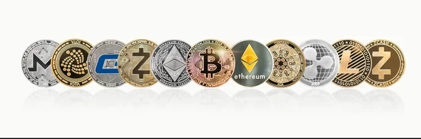 Cryptogeld Bitcoin Btc Met Eth Ethereum Cardano Ripple Litecoin Miota — Stockfoto