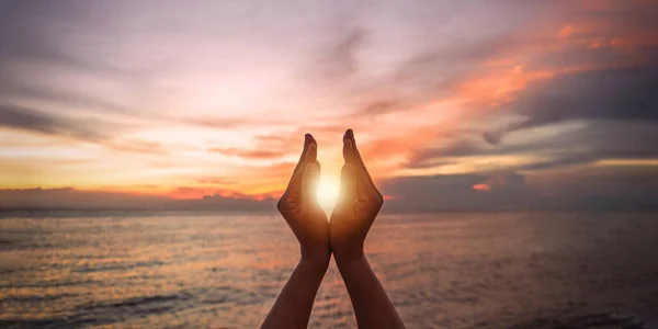 June Summer Sun Solstice Concept Silhouette Happy Young Woman Hands — Stock Photo, Image