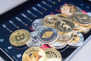 Cryptocurrency on Binance trading app, Bitcoin BTC with BNB, Ethereum, Dogecoin, Cardano, Litcoin, altcoin digital coin crypto currency defi p2p decentralized finance and fintech banking market clipart