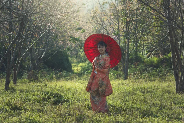 Όμορφο χαμόγελο στο παραδοσιακό φόρεμα κιμονό — Φωτογραφία Αρχείου