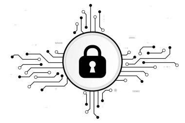 Devre kartı ve siber güvenlik teknolojisi arka planı için beyaz ekranda parola içeren vektör siyah kilit düğmesi